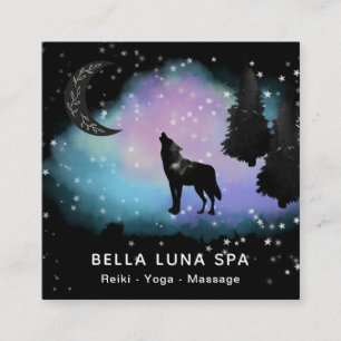*~* Cosmic Måne . Howling Varg Rainbow Gräs Trä Fyrkantigt Visitkort