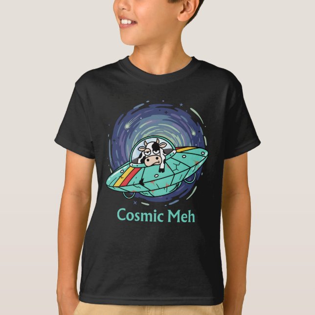 Cosmic Meh, Bored Lazy Cow in Spaceship T Shirt (Framsida)