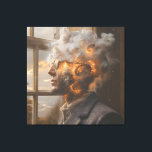 Cosmic Mind Dissolving Head Portrait Canvastryck<br><div class="desc">A thoughtful man in round glasses and tweed stands at an open window as his head transforms into a radiant cosmic nebula. Swirling clouds of fiery orange, molten gold, electric turquoise, lavender, and deep indigo spiral upward with glowing spirals and starry flecks, while soft afternoon light illuminates his face and...</div>