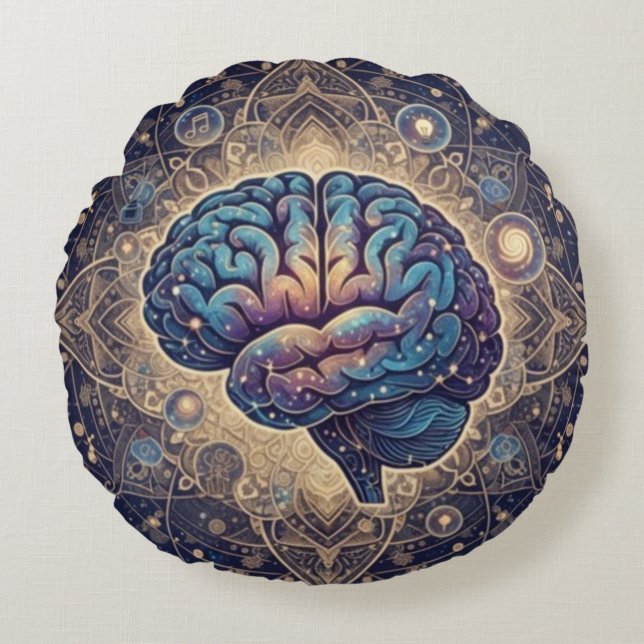 Cosmic Mind Mandala – Abstrakt Hjärnkonst Rund Kudde (Framsidan)