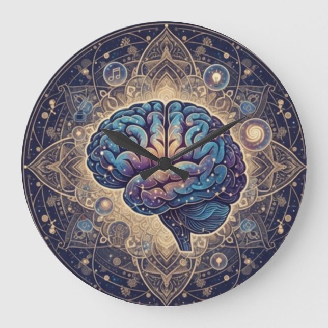 Cosmic Mind Mandala – Abstrakt hjärnkonst Stor Klocka (Framsida)