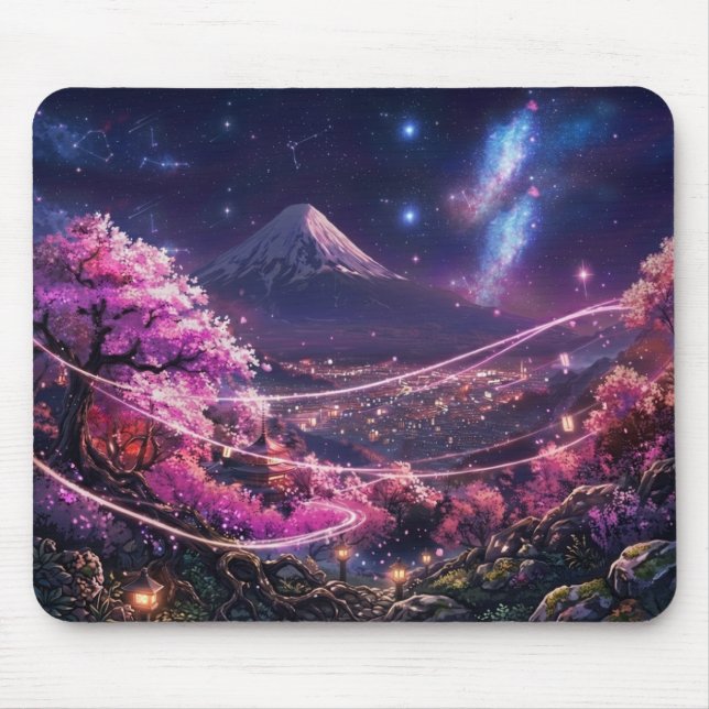 Cosmic Mount Fuji & Sakura Night Mouse Pad - Anime Musmatta (Framsidan)
