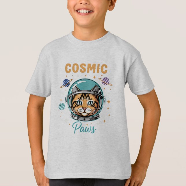 Cosmic Paws Retro Astronaut Cat T Shirt (Framsida)