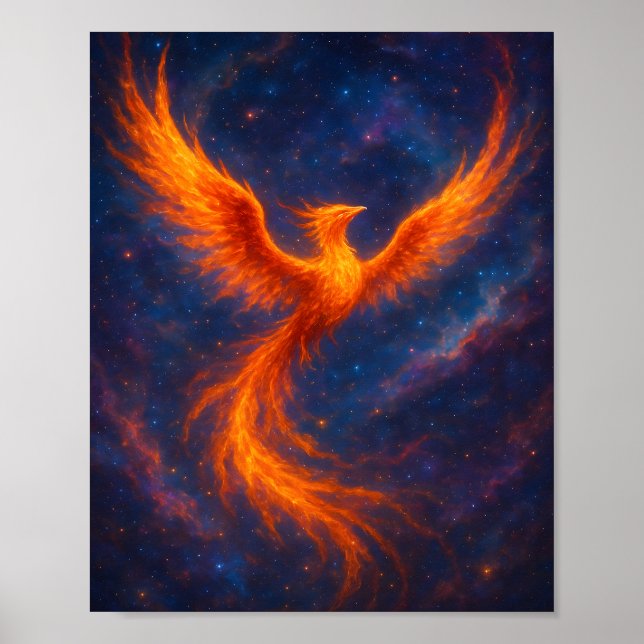 Cosmic Phoenix Rising Fire Bird in Nebula Fantasy  Poster (Framsidan)