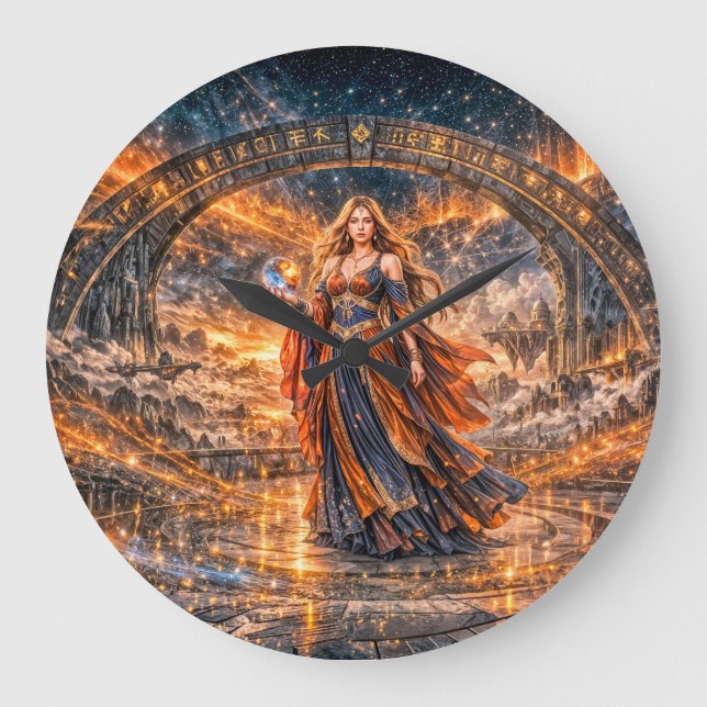 Cosmic Portal Sorceress – Fantasy Wall Clock Stor Klocka (Framsida)