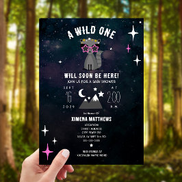 Cosmic Raccoon Vild One Rosa Girl Baby Shower Inbjudningar