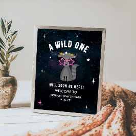 Cosmic Raccoon Vild One Rosa Girl Baby Shower Poster