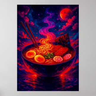 Cosmic Ramen Bowl under Red Måne Fantasy Poster