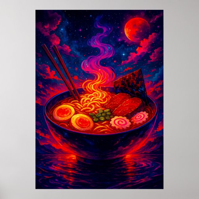 Cosmic Ramen Bowl under Red Måne Fantasy Poster (Framsidan)
