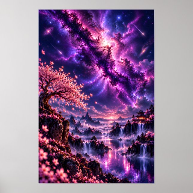 Cosmic Sakura: Celestial Lake Fantasy Galaxy Art Poster (Framsidan)