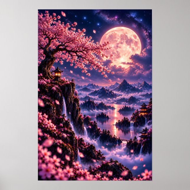 Cosmic Sakura: Måneblommor Fantasy Rymdkonst  Poster (Framsidan)