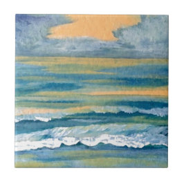 Cosmic Sea Gult Guld och Blue Sunset Ocean Kakelplatta