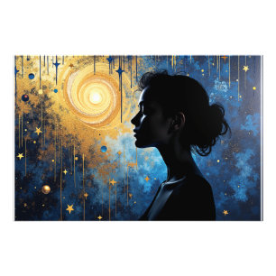 Cosmic Silhouette - Woman in Golden Swirl Galaxy Fototryck