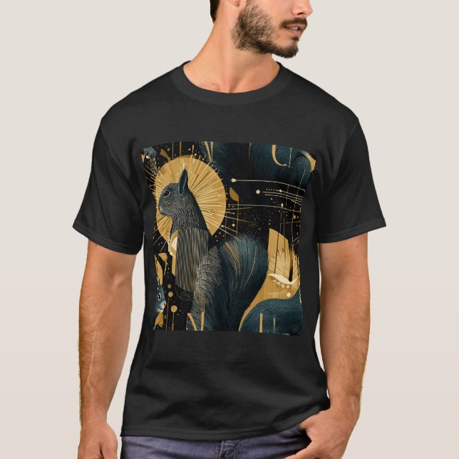 Cosmic Squirrels – Black & Gold Art Deco Pattern T Shirt (Framsida)