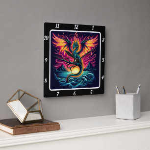 Cosmic Storm Neon Dragon Fyrkantig Klocka