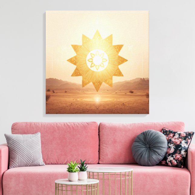 Cosmic Sun Portal Boho Wall Art | Golden Mandala Canvastryck (Insitu (Vardagsrum))