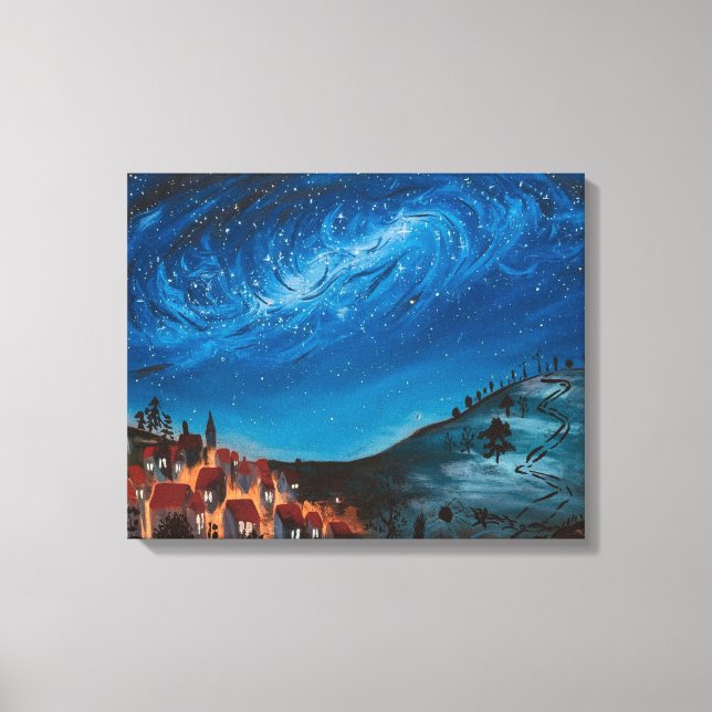 Cosmic Swirl over Village Night Canvas Art (Framsida)