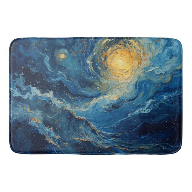 Cosmic Swirls: Etheral Indigo & Guld Art Badrumsmatta (Framsidan)