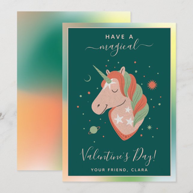 Cosmic Unicorn Kids Classroom Valentines Day Star Julkort (Fram/baksida)