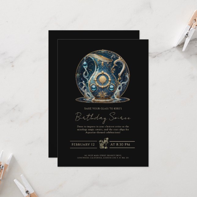 Cosmic Vatten Bearer Stjärntecken Black Guld Aquar Inbjudningar (Fram/Back In Situ)