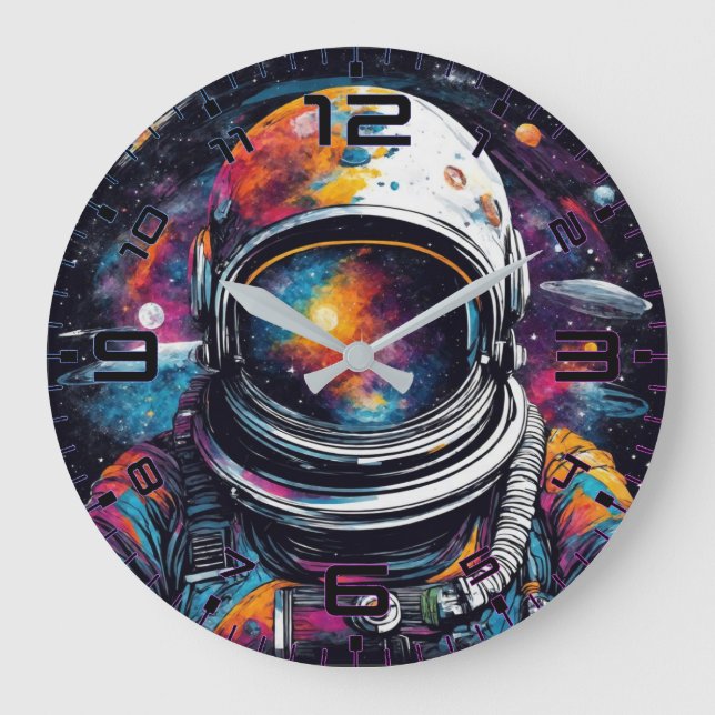 Cosmic Voyager Astronaut Nebula Wall Clock Stor Klocka (Framsida)