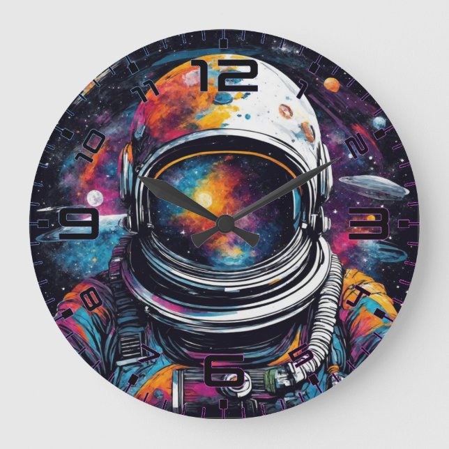 Cosmic Voyager Astronaut Nebula Wall Clock Stor Klocka (Framsida)