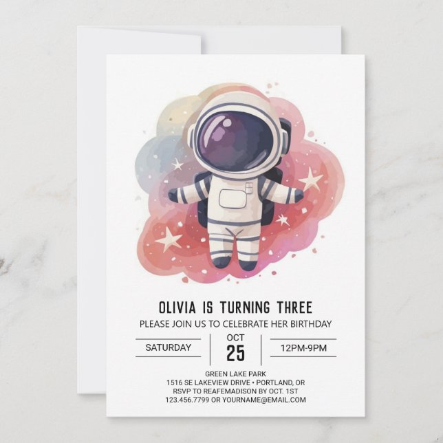 Cosmic Watercolor Explorer Astronaut Birthday Inbjudningar (Framsida)