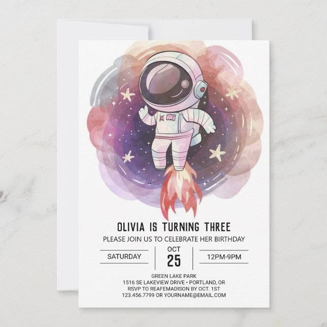 Cosmic Watercolor Magic Astronaut Birthday Inbjudningar (Framsida)