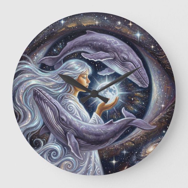 Cosmic Whale and the Girl | Surreal Wall Clock Stor Klocka (Framsida)