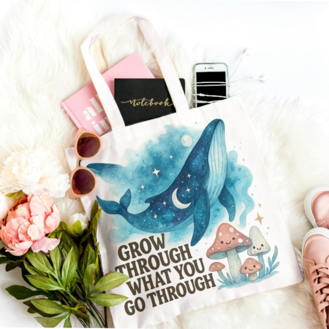 Cosmic Whale & Mushrooms Tote Tygkasse (“Grow through what you go through — carry your resilience with style.”)