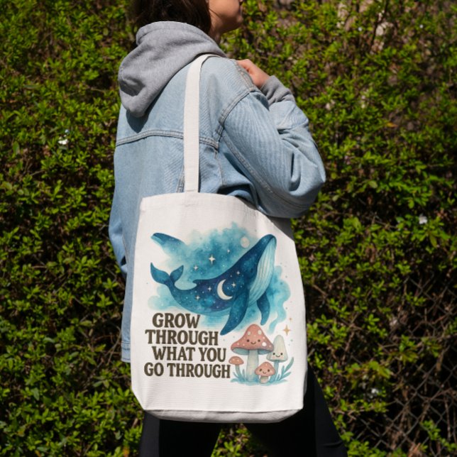 Cosmic Whale & Mushrooms Tote Tygkasse (“Grow through what you go through — carry your resilience with style.”)