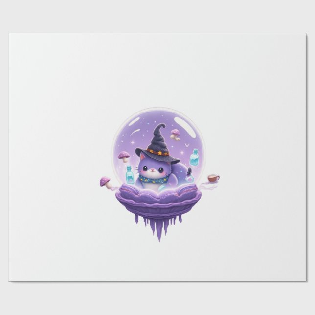 Cosmic Witch Cat Crystal Ball Kawaii Gift Wrapping Presentpapper (Platt)