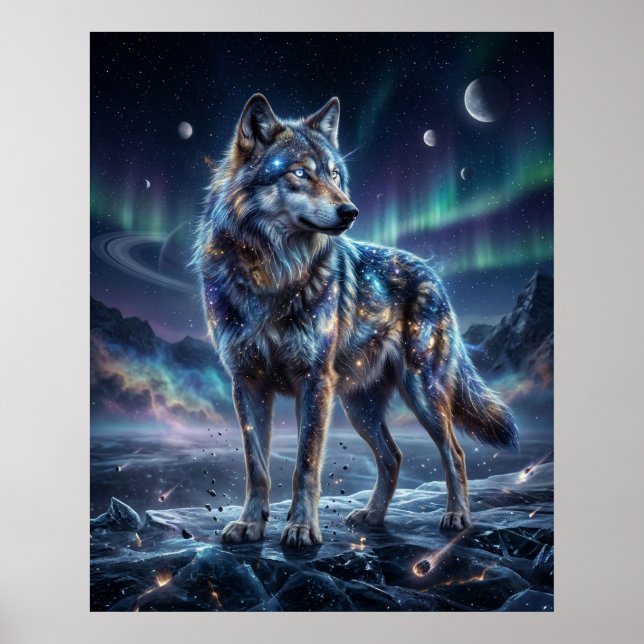 Cosmic Wolf Under Aurora Sky Poster (Framsidan)