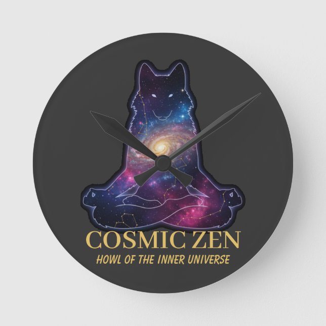 Cosmic Zen Wolf – Meditating Galaxy (NO NUMBERS) Rund Klocka (Framsida)