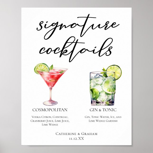 Cosmopolitan Gin & Tonic Namnteckning Cocktails Me Poster (Framsidan)