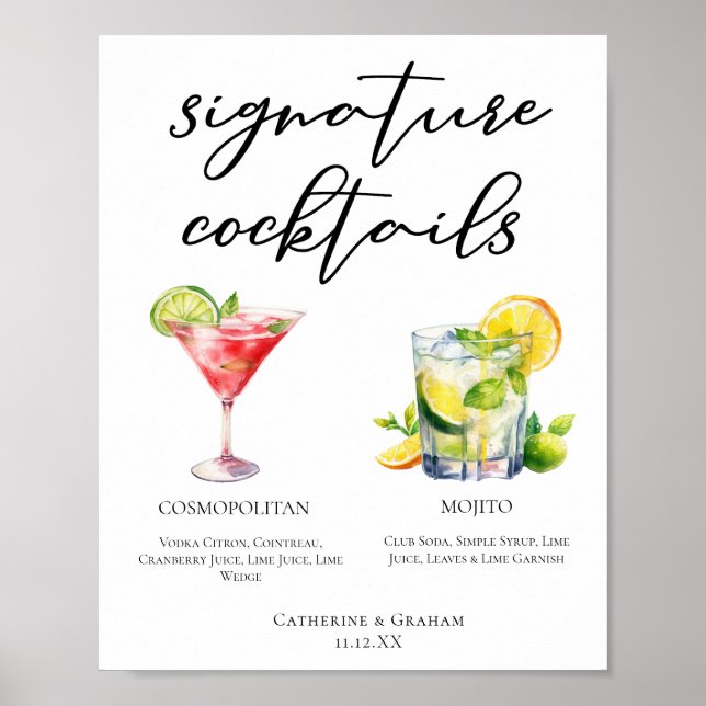 Cosmopolitan Mojito Namnteckning Cocktails Menu Poster (Framsidan)