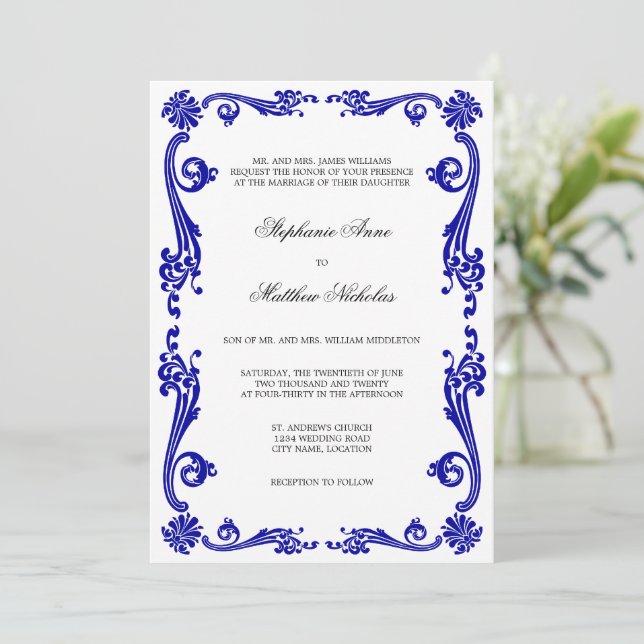Cosmopolitan Royal Blue Flourish Swirls Bröllop Inbjudningar (Stående Fram)