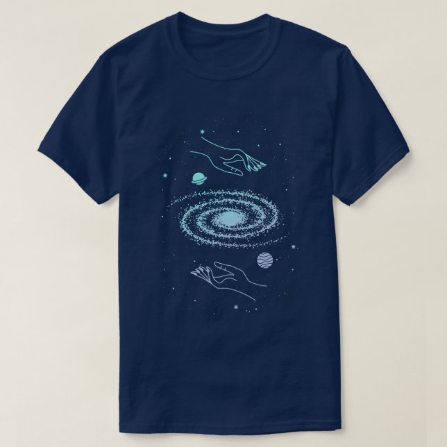 Cosmos Galaxy och Händer Helig Geometry Stars T Shirt (Design framsida)
