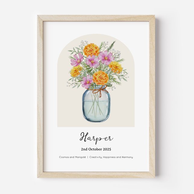Cosmos Marigold Oktober Födelsemånad Blomma Affisc Poster (Personalised October Birth Month Flower Bouquet in Vase Poster | Cosmos and Marigold.)