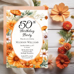 Cosmos | Marigolds Floral 50th Birthday Party Inbjudningar<br><div class="desc">Elegant cosmos and marigolds floral design "50th Birthday Party" design featuring a floral frame of marigolds and cosmos flowers in apricot,  terracotta and burnt orange on a white background center panel.  Back design features a multi-layered coordinating colors watercolor background</div>
