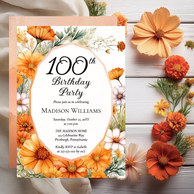 Cosmos | Sammetstaggar Blommig 100-årsfest Inbjudningar (Beautiful Boho Cosmos and Marigolds Floral 100th Birthday Party Invitation Print | Digital Download)
