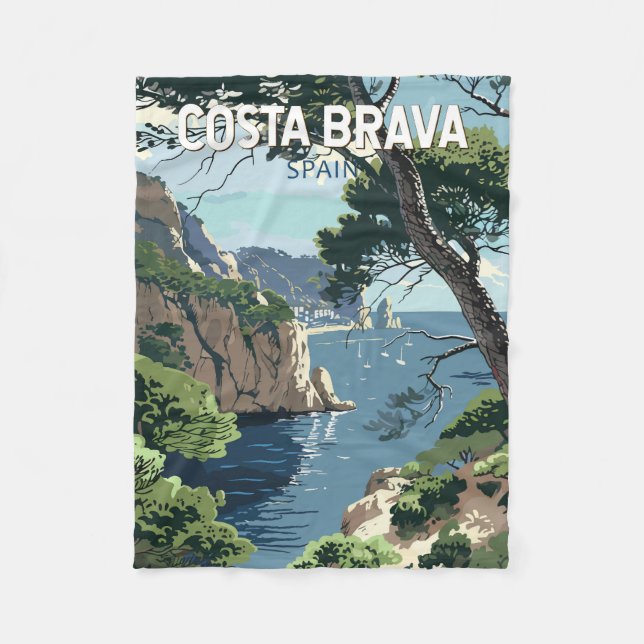Costa Brava Spain Travel Art Vintage Fleecefilt (Framsidan)