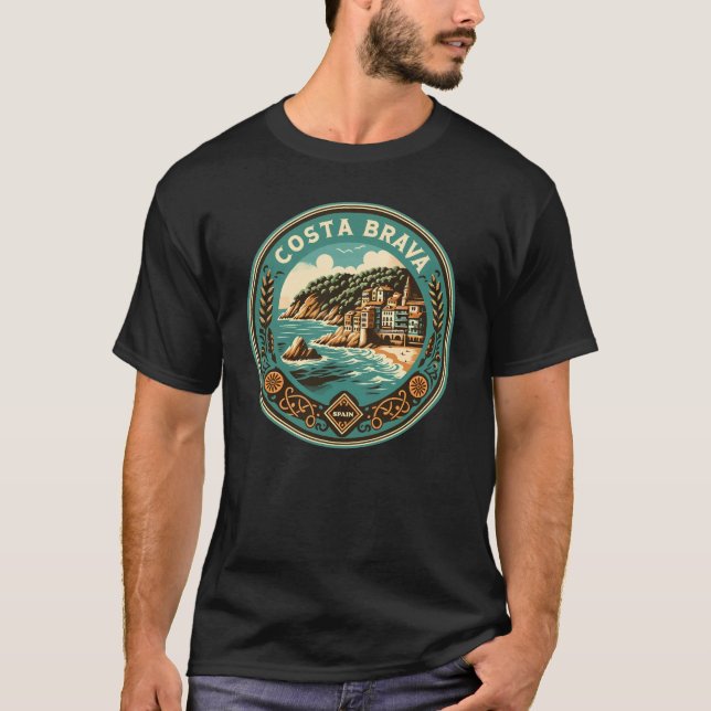 Costa Brava Spanien Travel Art Badge T Shirt (Framsida)