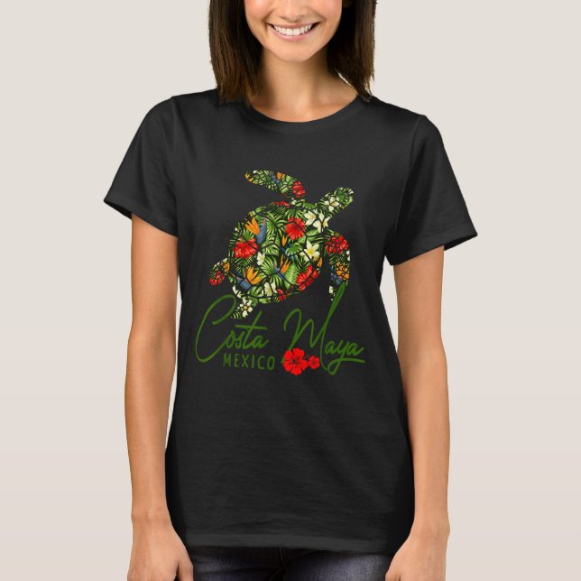 Costa Maya Mexico Sea Turtle Trocal Hibiscus Vacat T Shirt (Framsida)