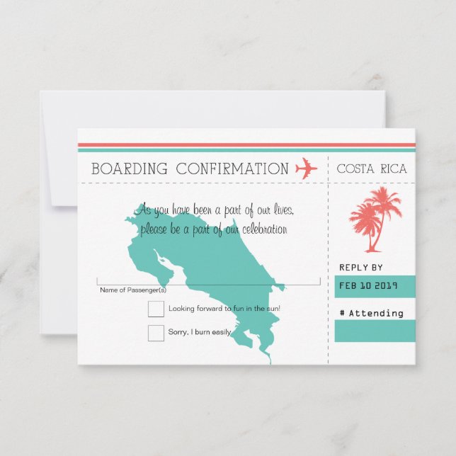 Costa Rica Boarding Pass RSVP Korall och Mint OSA Kort (Framsida)