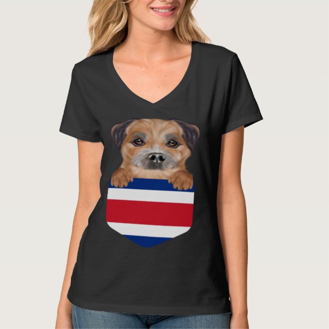 Costa Rica Flag Border Terrier Dog In Pocket T Shirt (Framsida)