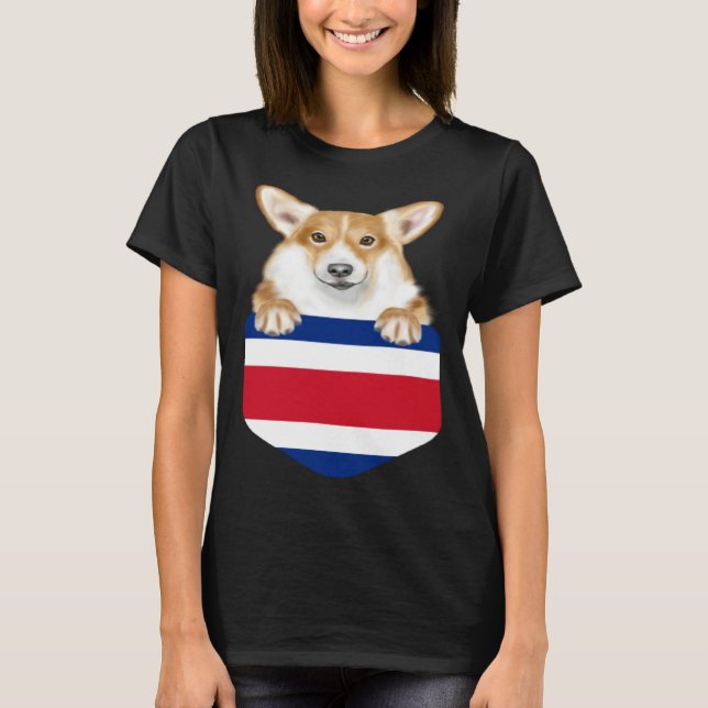 Costa Rica Flag Pembroke Welsh Corgi Dog In Pocket T Shirt (Framsida)