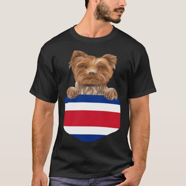 Costa Rica Flag Yorkshire Terrier Dog In Pocket T Shirt (Framsida)