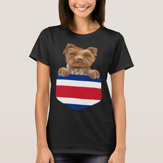 Costa Rica Flag Yorkshire Terrier Dog In Pocket T Shirt (Framsida)