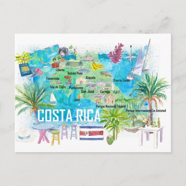 Costa Rica Illustrated Travel Karta med vägar Vykort (Framsida)